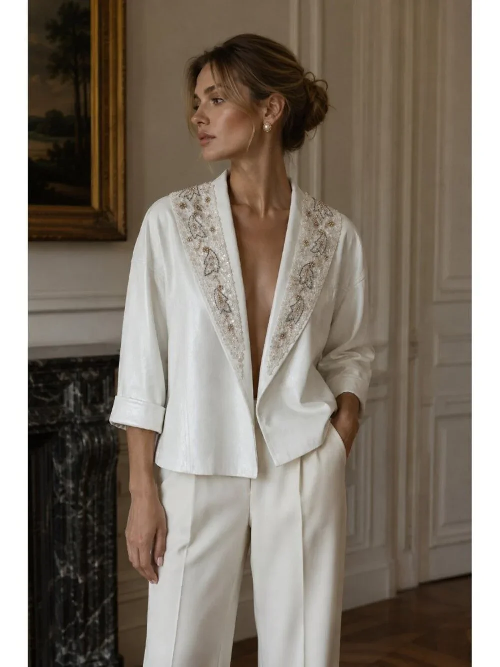 Vintage White Genuine Leather Beaded Sequin Jacket Women Cropped Open Front Boho